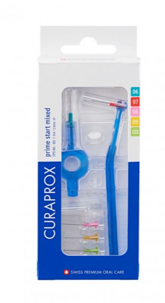 Curaprox CPS Prime Start mixed pack verpakking met blauwe houder en ragers