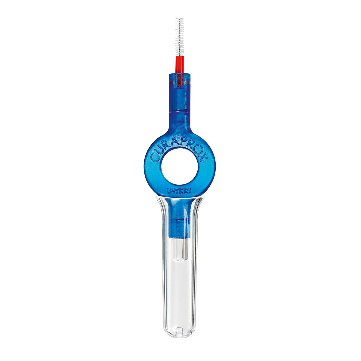 Curaprox UHS 409 houder blauw met rood ragertje en doorzichtige beschermdop