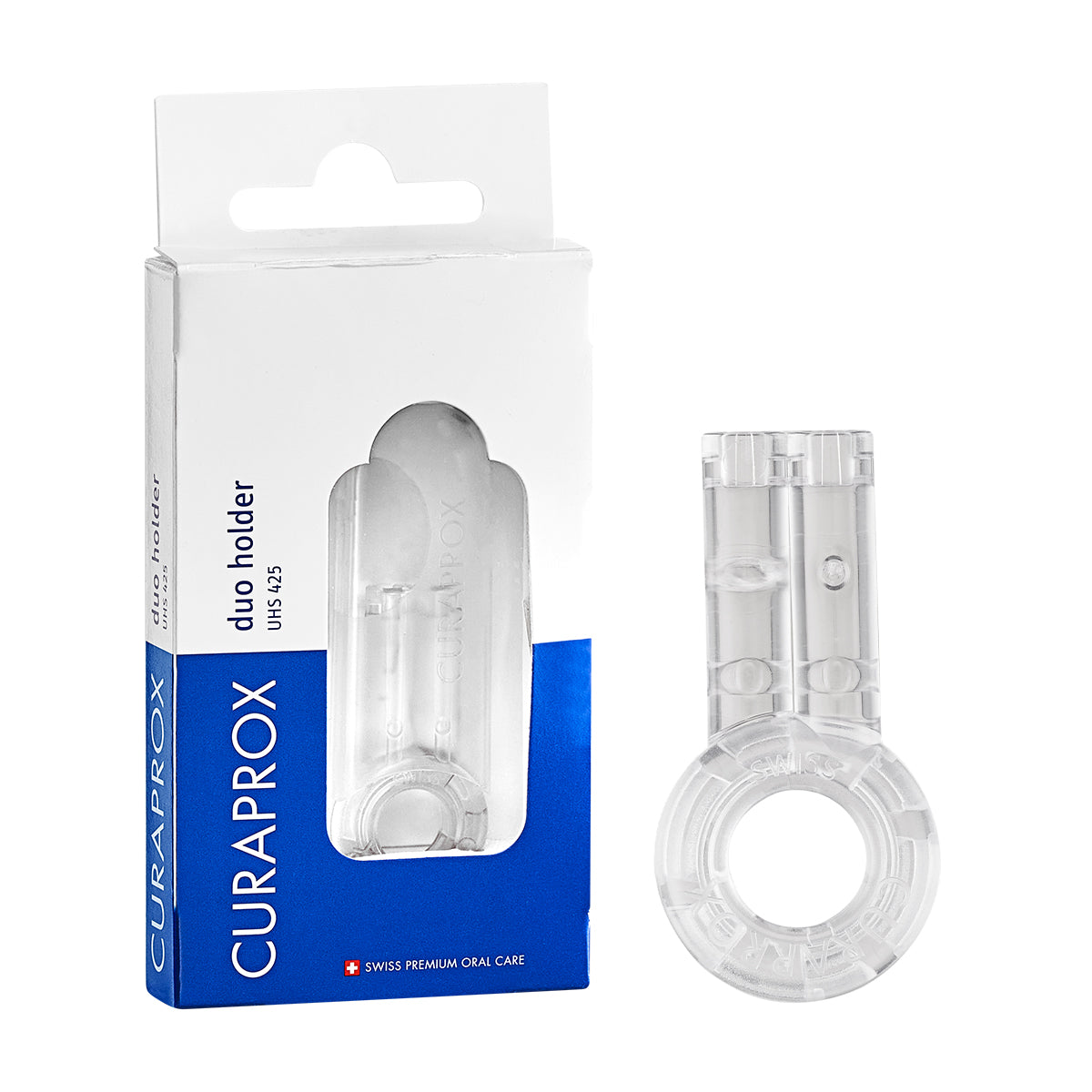 Curaprox UHS 425 Duo ragerhouder doorzichtig naast witte verpakking