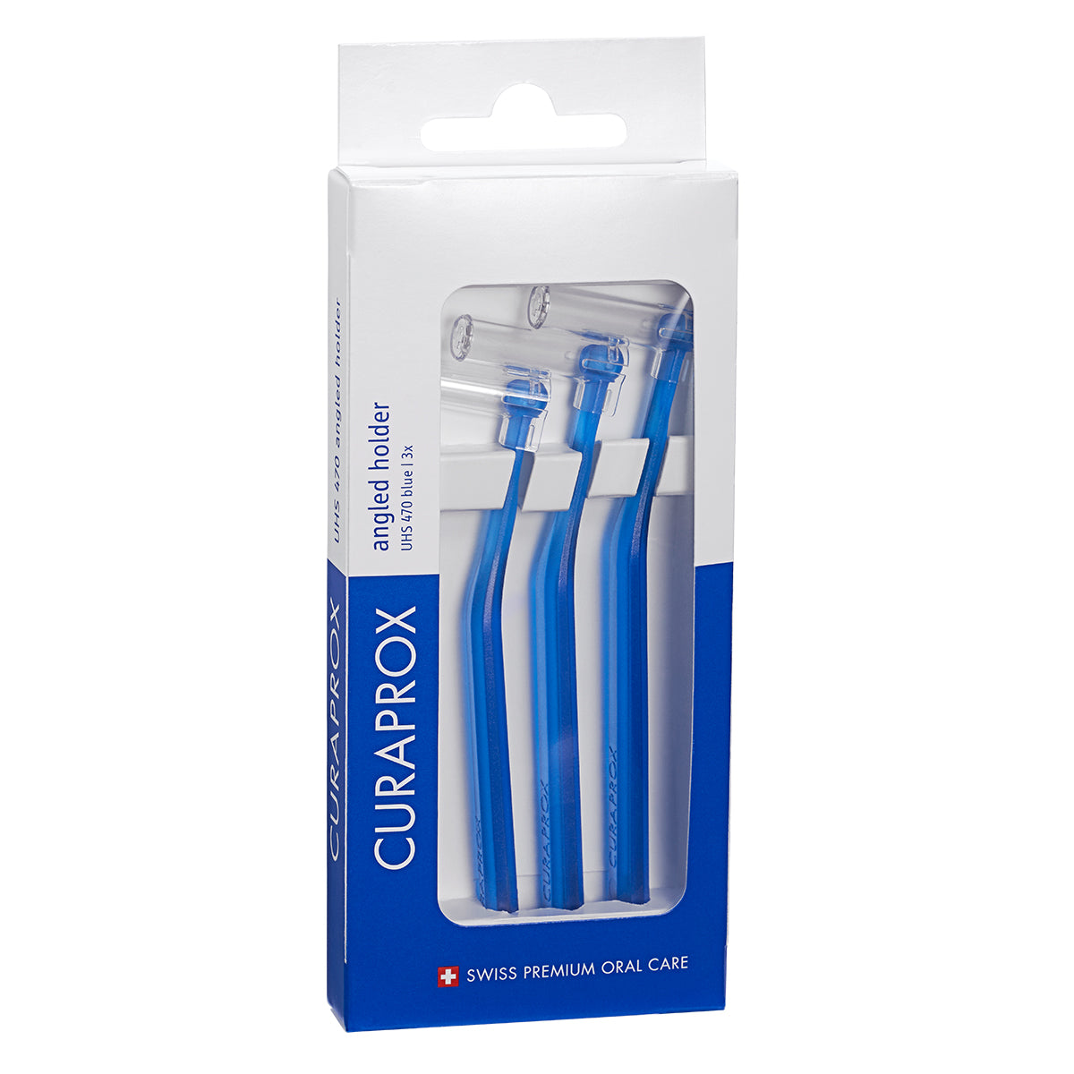 Curaprox UHS 470 interdentale ragerhouder blauw, verpakking met 3 stuks