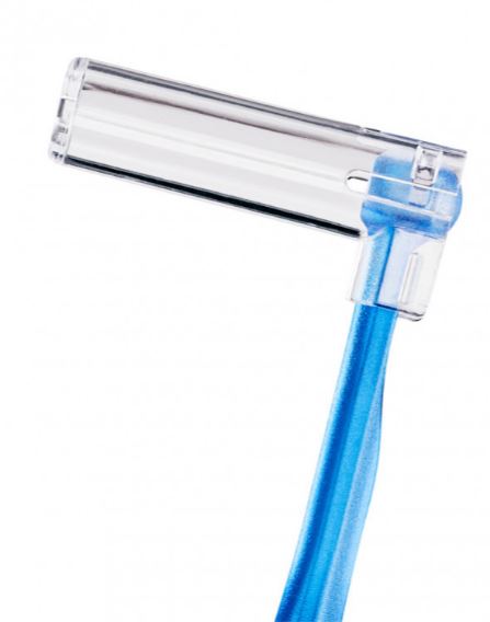 Curaprox UHS 470 ragerhouder close-up van doorzichtige kop en blauwe steel