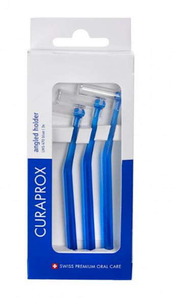 Curaprox UHS 470 ragerhouder verpakking met drie blauwe houders zichtbaar
