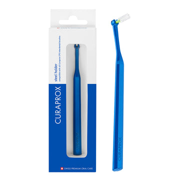 Curaprox UHS 475 ragerhouder staal blauw met verpakking en losse houder