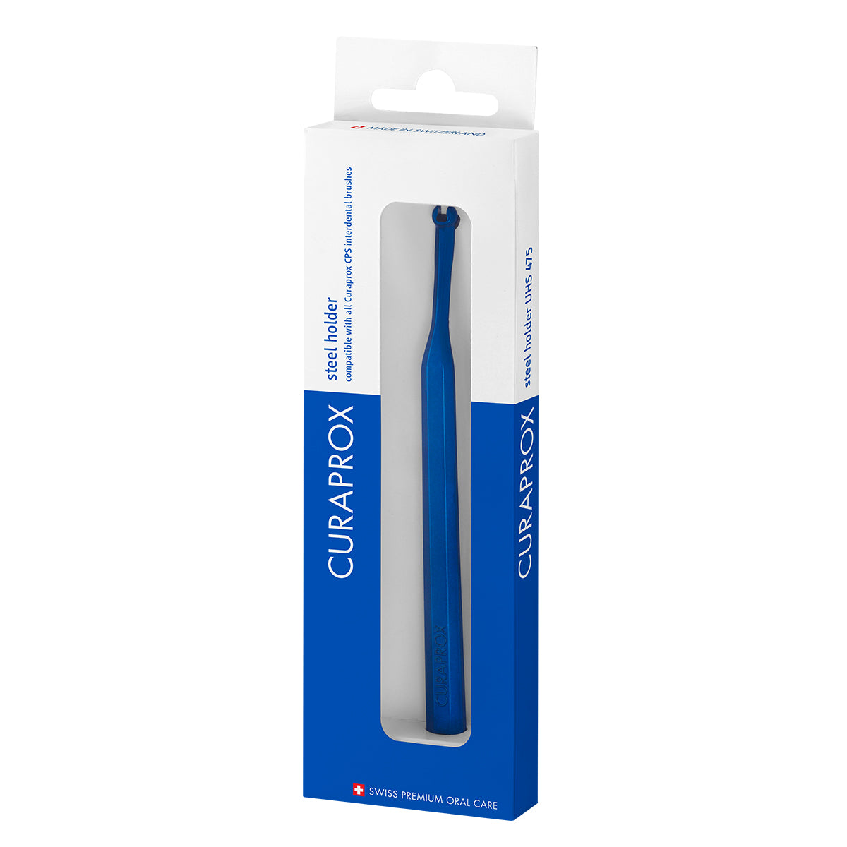Curaprox UHS 475 ragerhouder staal blauw in witte verpakking met productinformatie