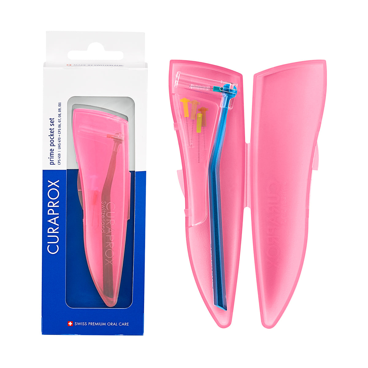 Curaprox CPS 459 prime pocket set roze etui met ragers en tandenstoker naast verpakking