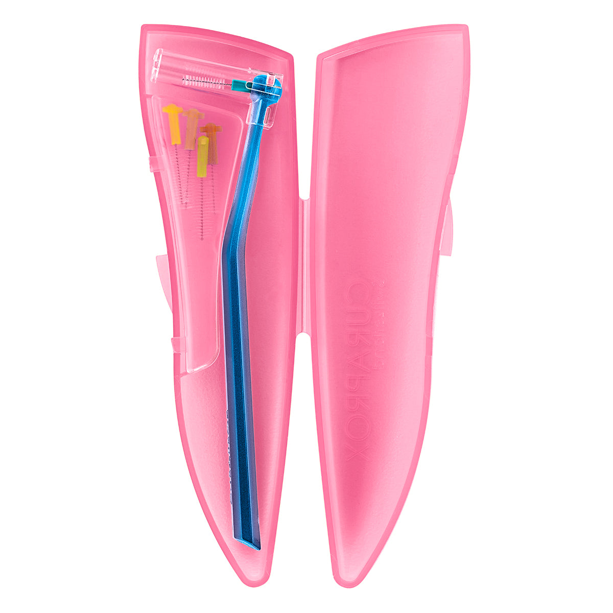 Curaprox CPS 459 prime pocket set geopende roze koker met ragers en houder