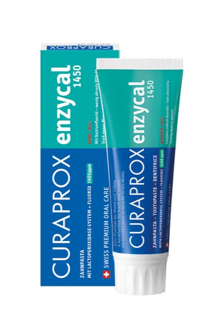 Curaprox Enzycal 1450 tandpasta tube en verpakking naast elkaar getoond
