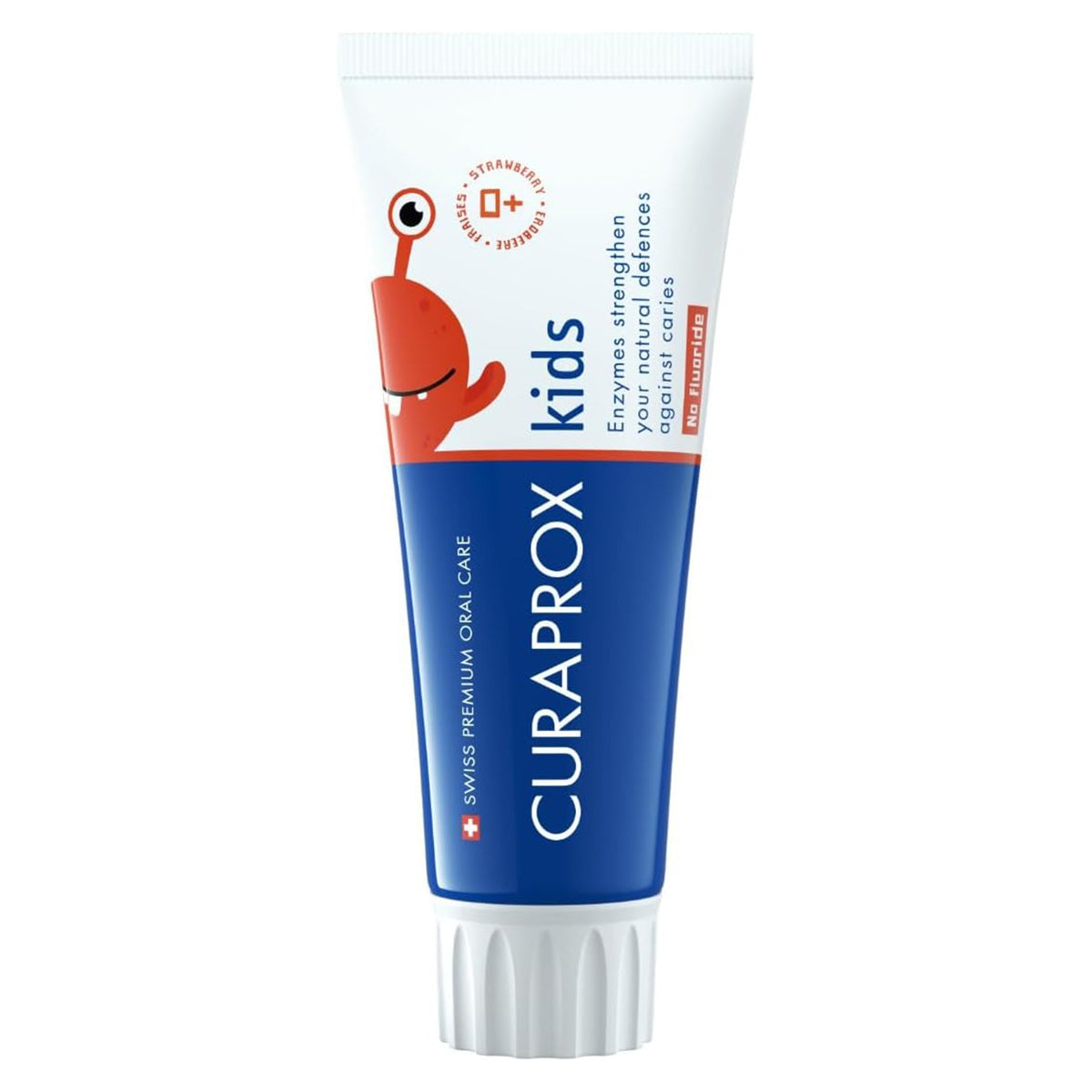 Curaprox Kinder tandpasta aardbei zonder fluoride, tube met rood monstertje