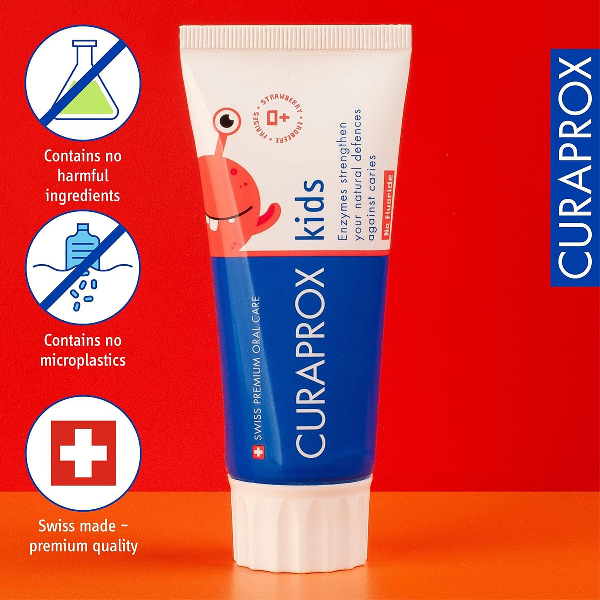 Curaprox Kinder tandpasta aardbei zonder fluoride, tube met iconen zonder microplastics en Swiss made