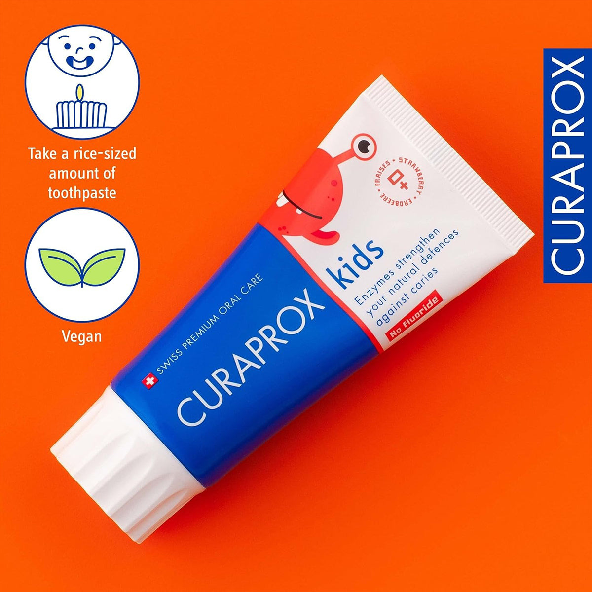 Curaprox Kinder tandpasta aardbei zonder fluoride, tube met tips over gebruik en vegan