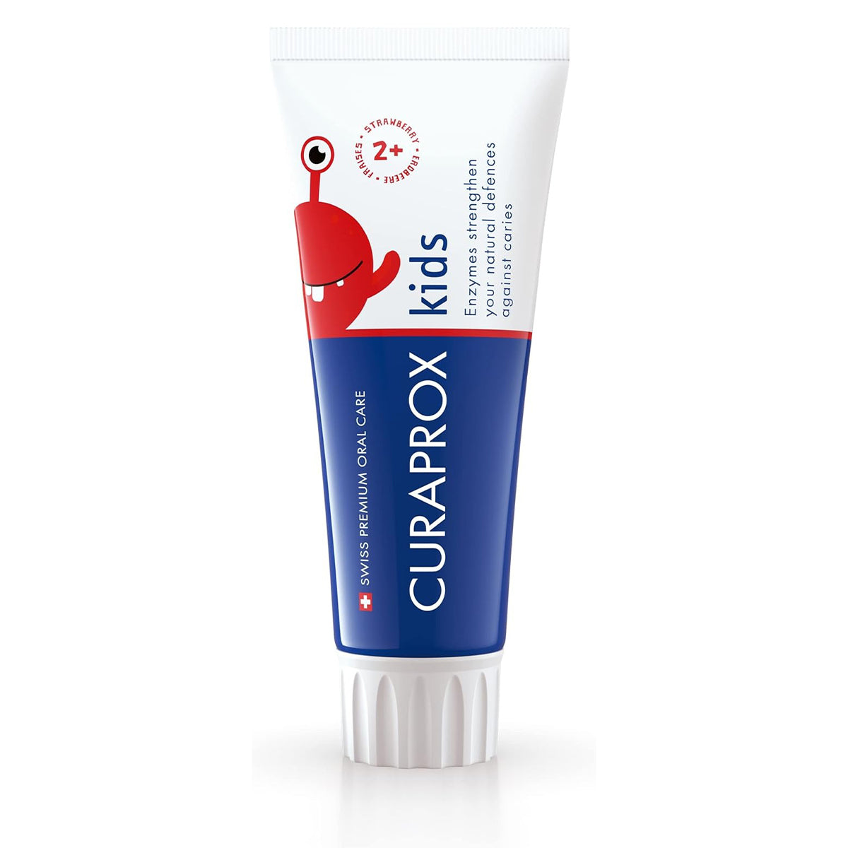 Curaprox Kinder tandpasta aardbei 2+ tube met rood monstertje op verpakking