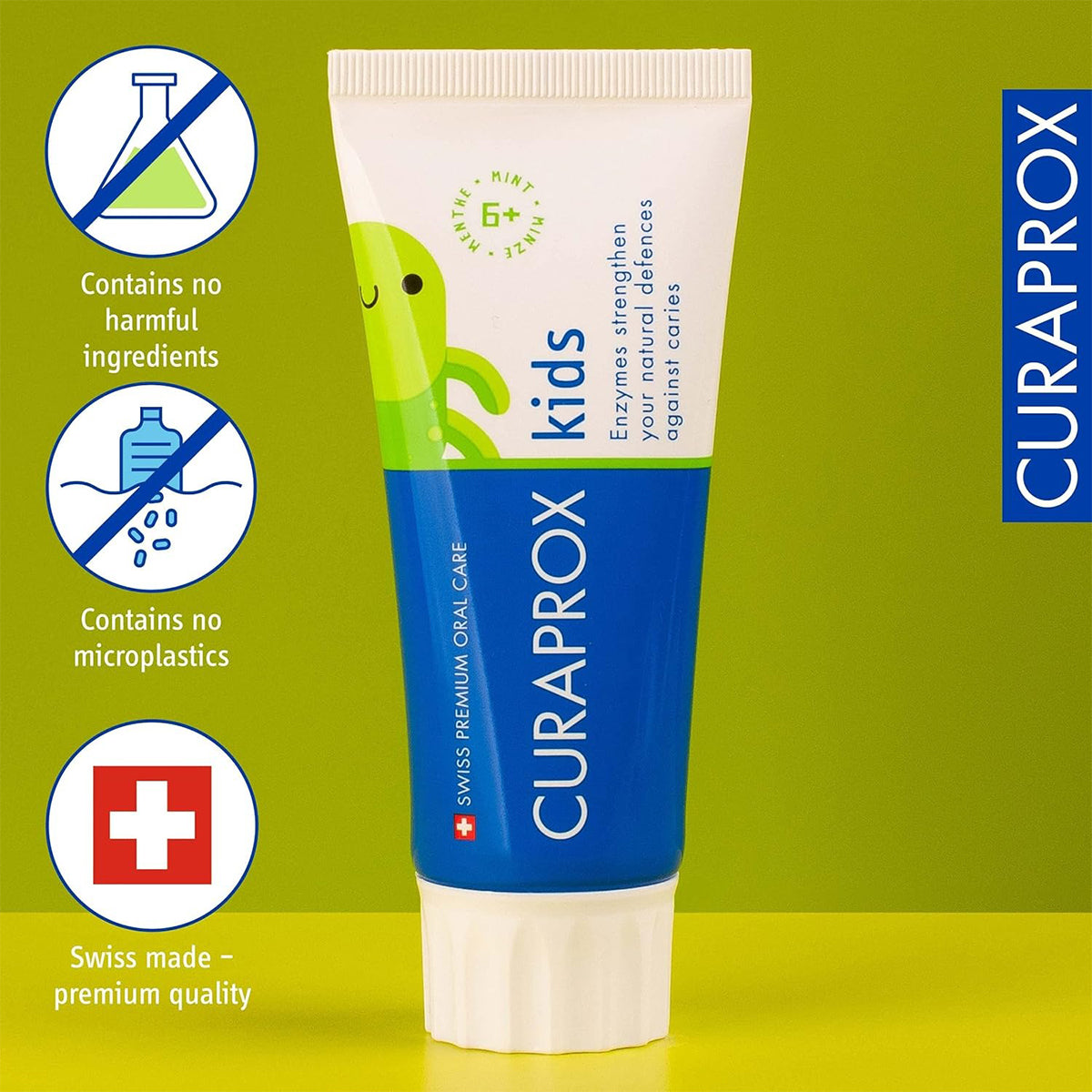 Curaprox Kinder tandpasta munt 6+ jaar met iconen zonder microplastics en Swiss made