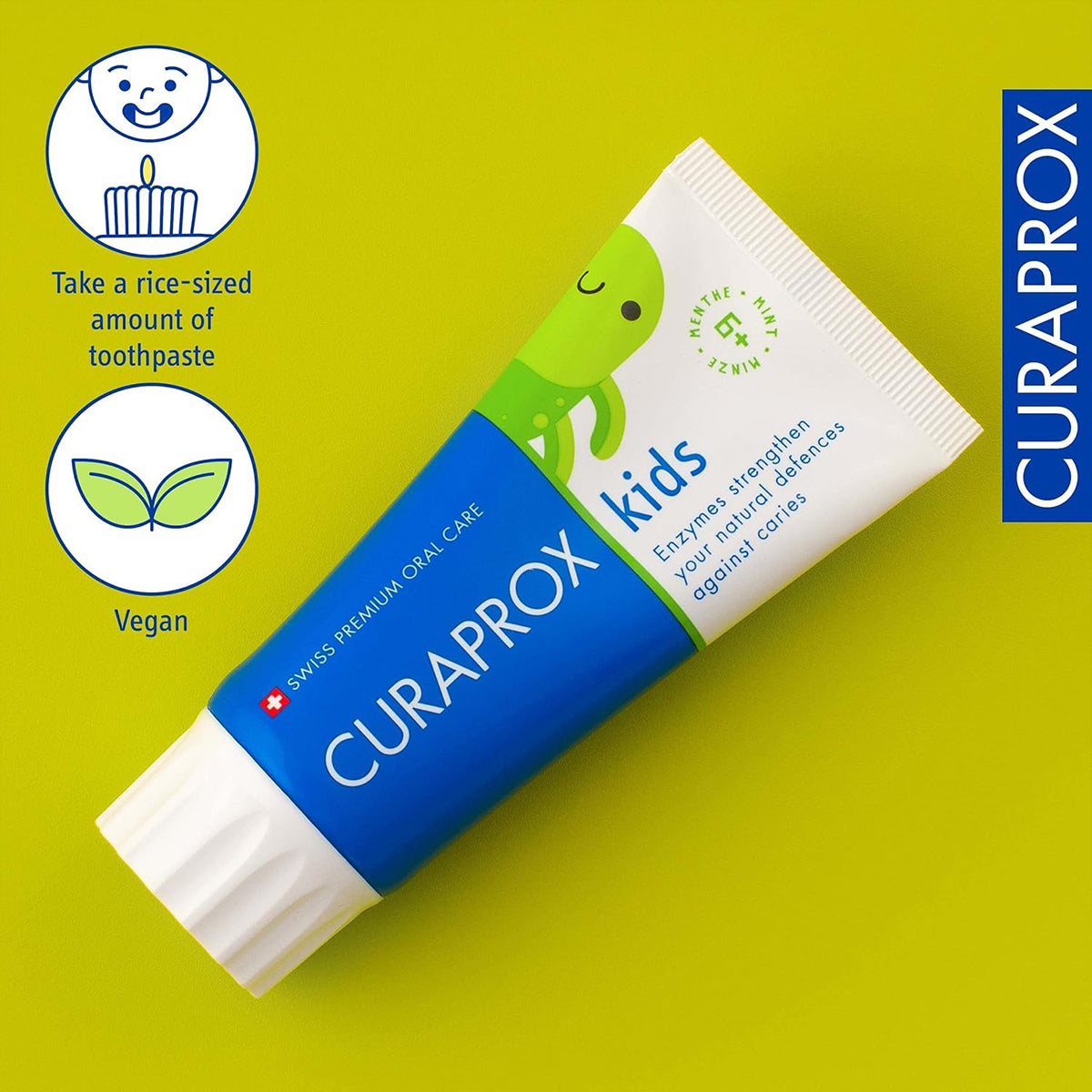 Curaprox Kinder tandpasta munt 6+ jaar tube met vegan en dosering informatie