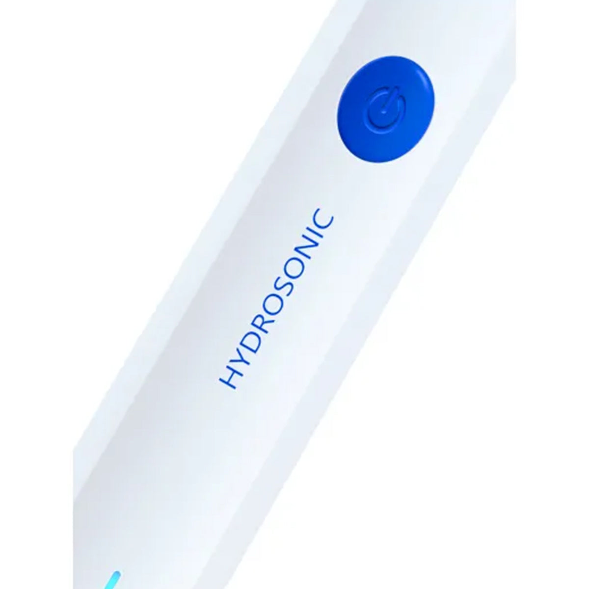 Curaprox Hydrosonic Easy detailopname met blauwe aan-uitknop en logo