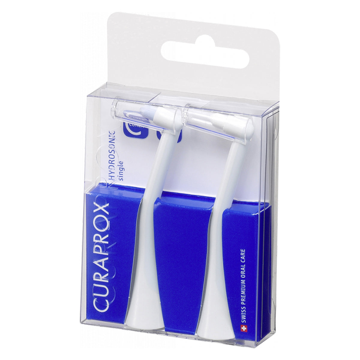 Curaprox Hydrosonic Pro opzetborstels Single Duo in blauwe verpakking met twee opzetborstels
