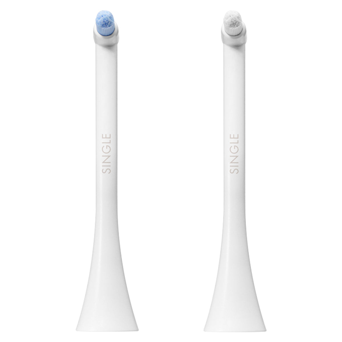 Curaprox Hydrosonic Pro opzetborstels Single Duo naast elkaar met blauwe en witte haren