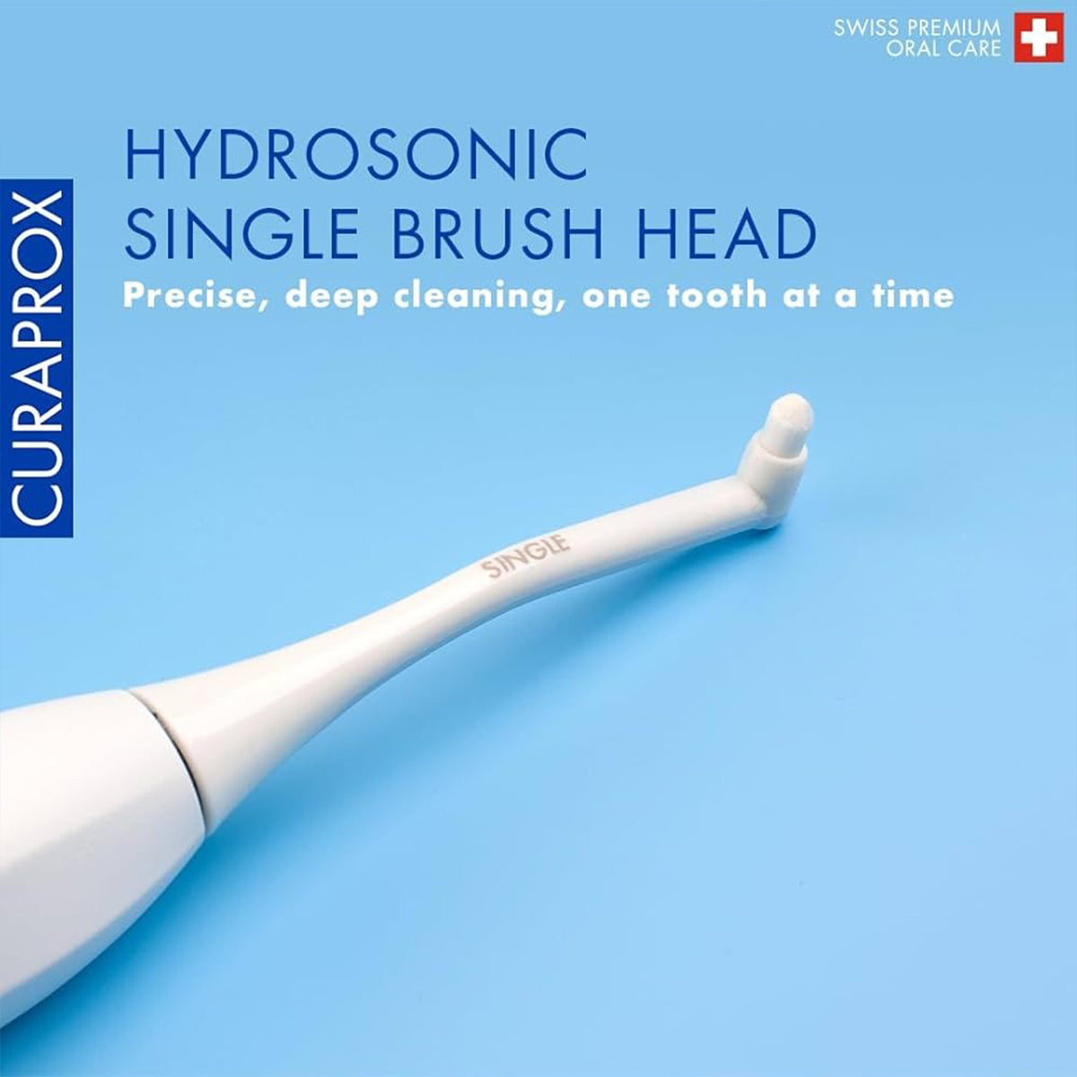Curaprox Hydrosonic Pro Single opzetborstel op lichtblauwe achtergrond met tekst