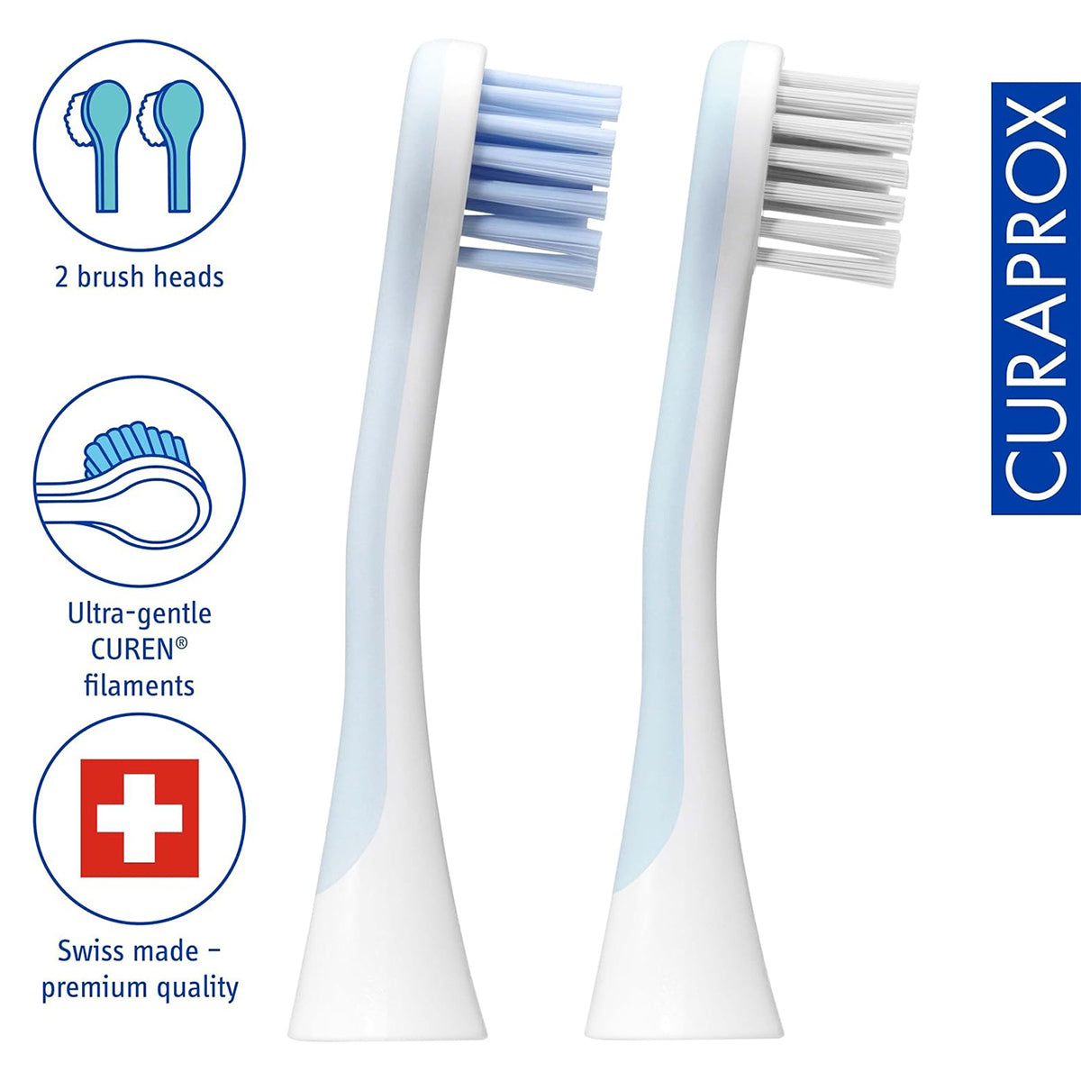 Curaprox Hydrosonic Pro opzetborstels Sensitive, twee stuks met blauwe en witte haartjes