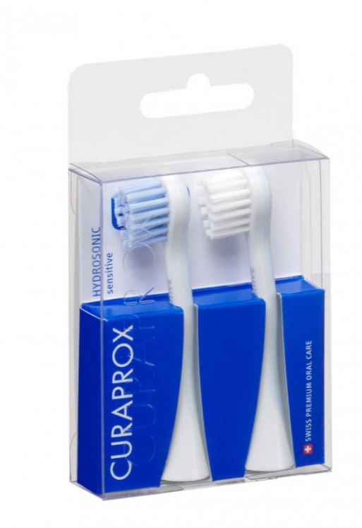 Curaprox Hydrosonic Pro opzetborstels Sensitive in doorzichtige verpakking met blauwe grip