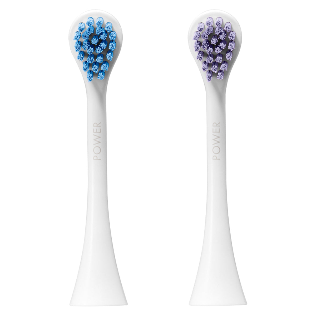 Curaprox Hydrosonic Pro Power Duo opzetborstels met blauwe en paarse haren naast elkaar
