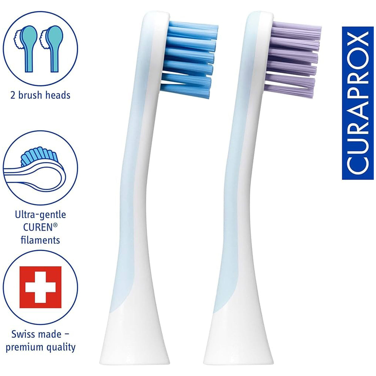 Curaprox Hydrosonic Pro opzetborstels Power Duo met blauwe en paarse Curen filamenten