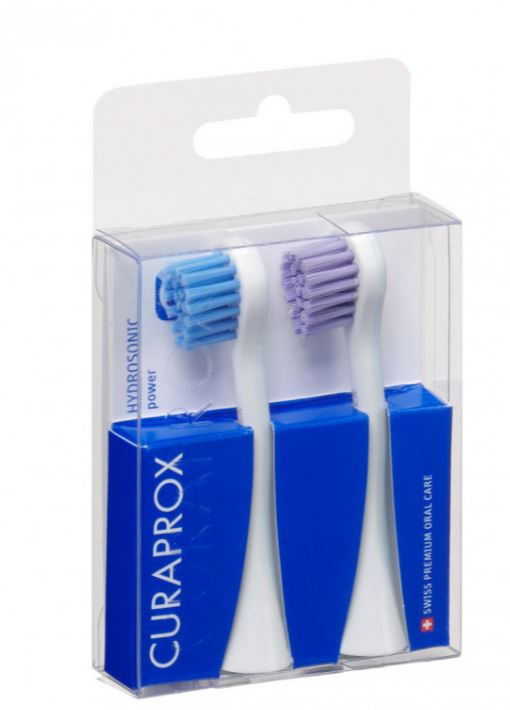 Curaprox Hydrosonic Pro opzetborstels Power Duo in doorzichtige verpakking met blauwe voet