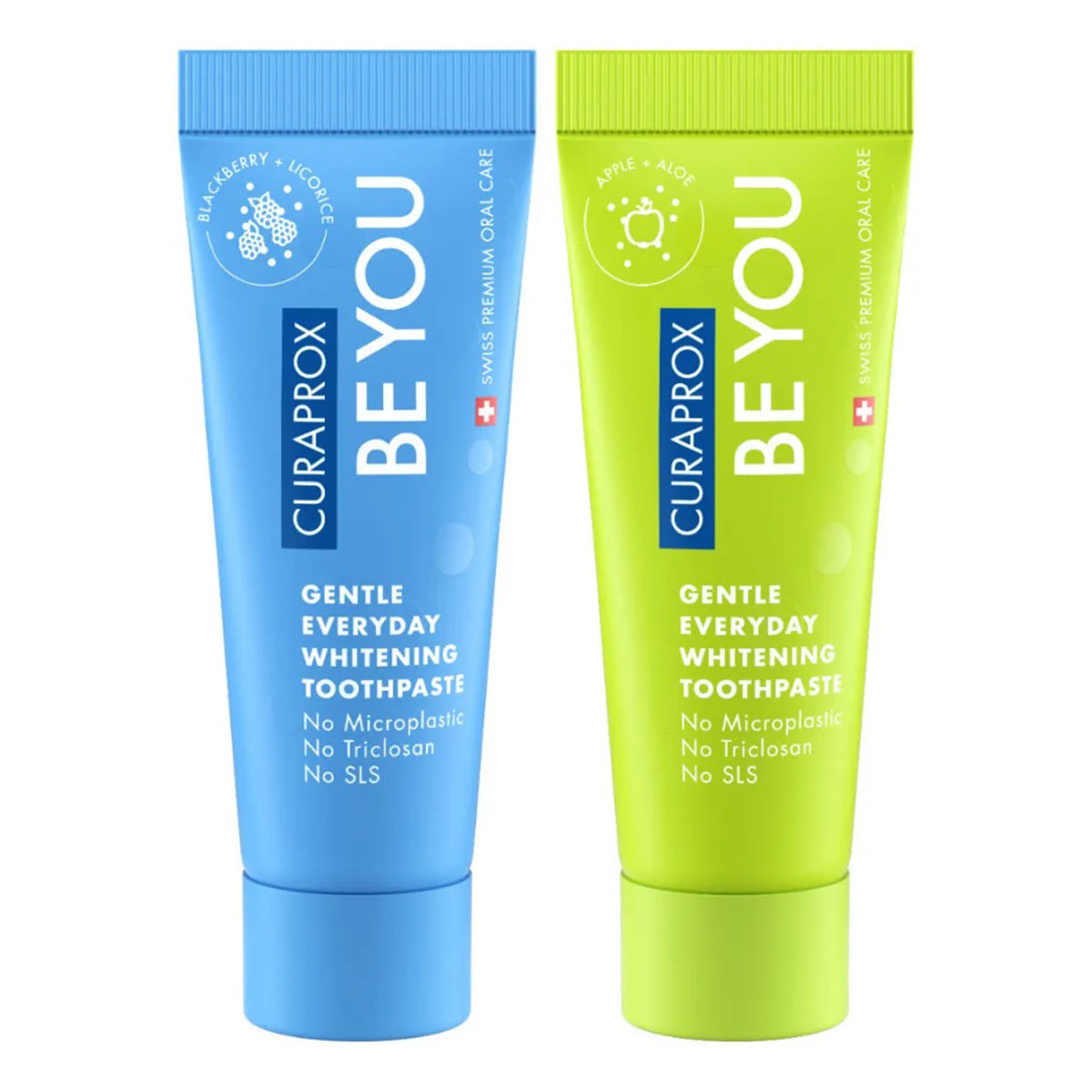 Curaprox BE YOU tandpasta tubes in blauw en groen naast elkaar