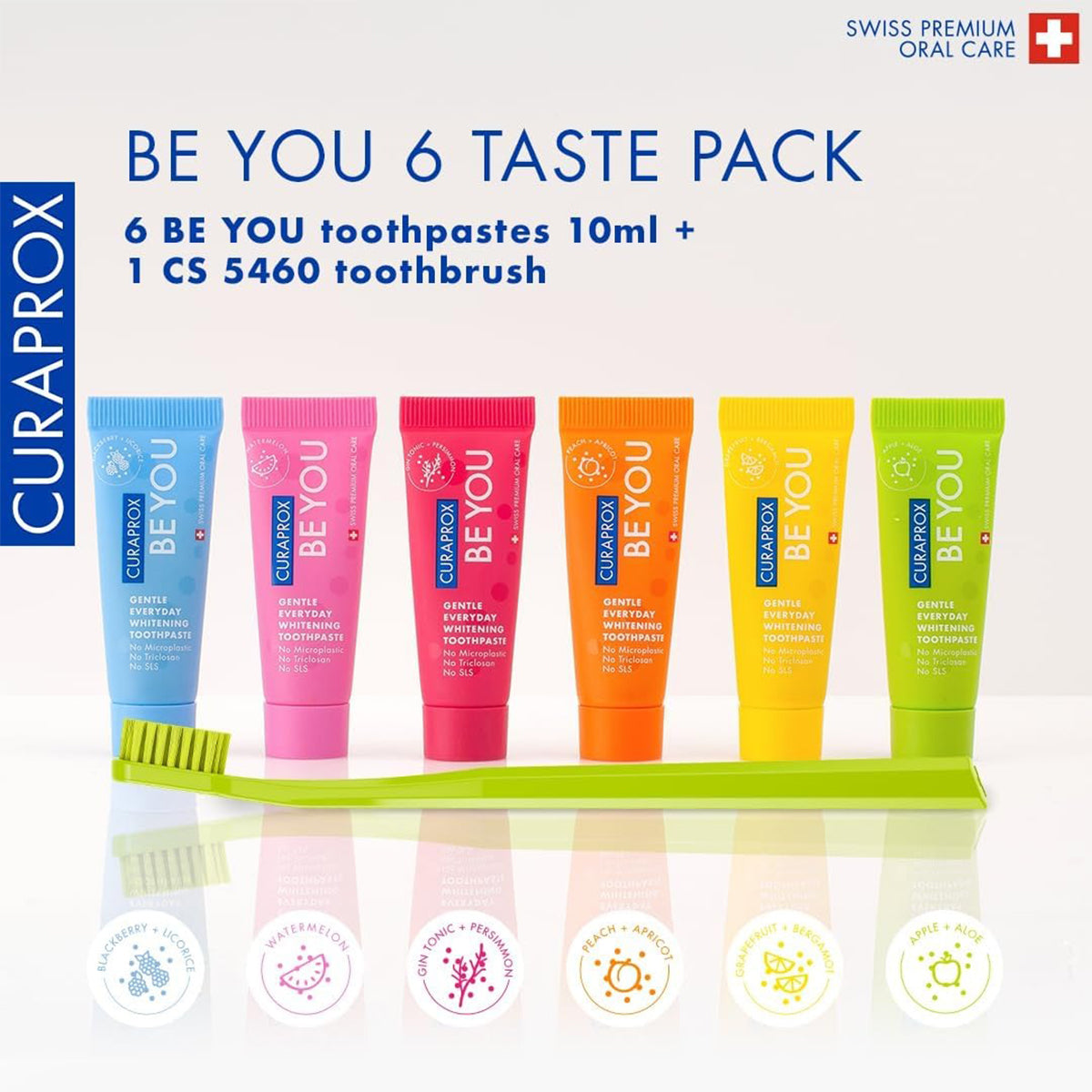 Curaprox BE YOU zes gekleurde tandpastatubes van 10ml naast groene CS 5460 tandenborstel