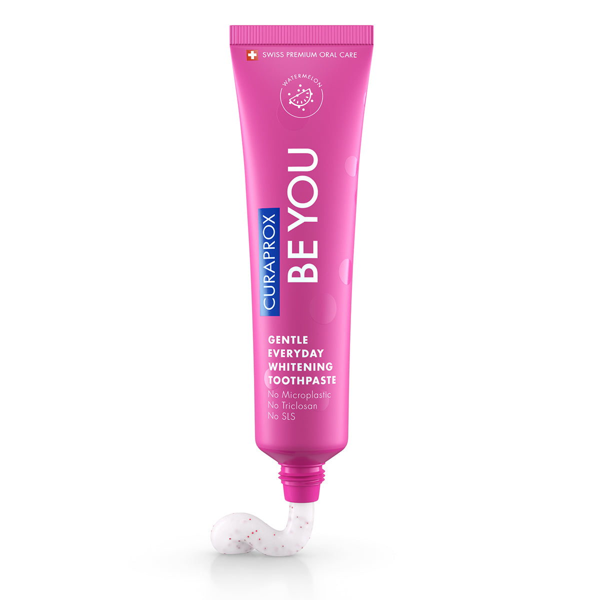 Curaprox BE YOU tandpasta watermeloen roze tube met uitgeknepen tandpasta