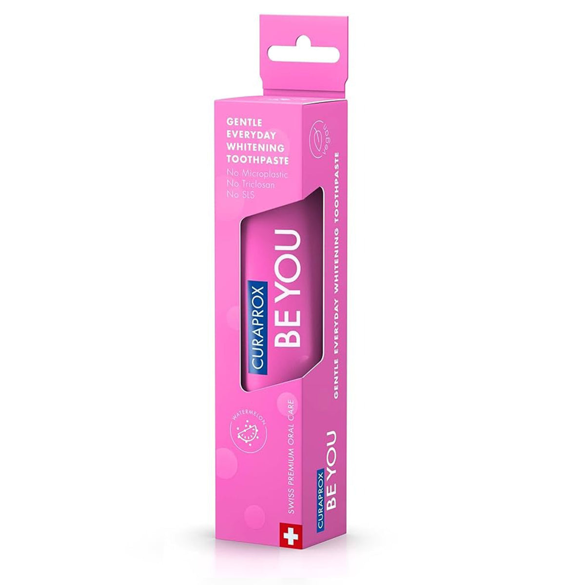 Curaprox BE YOU tandpasta watermeloen verpakking rechtop van opzij gefotografeerd