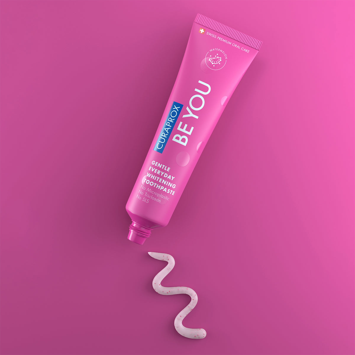 Curaprox BE YOU tandpasta watermeloen tube met uitgeknepen roze pasta