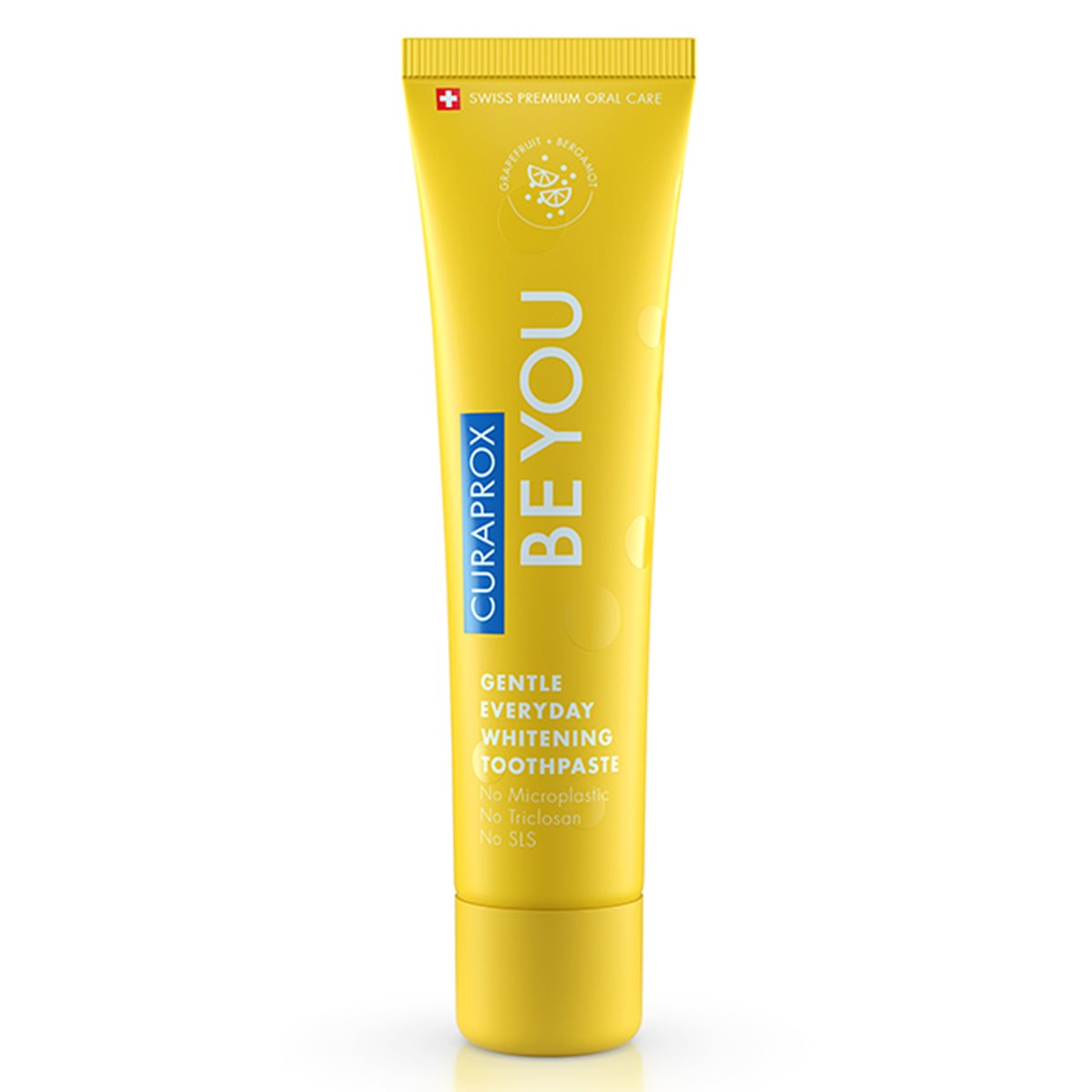 Curaprox BE YOU tandpasta grapefruit/bergamot, gele tube rechtop met witte dop