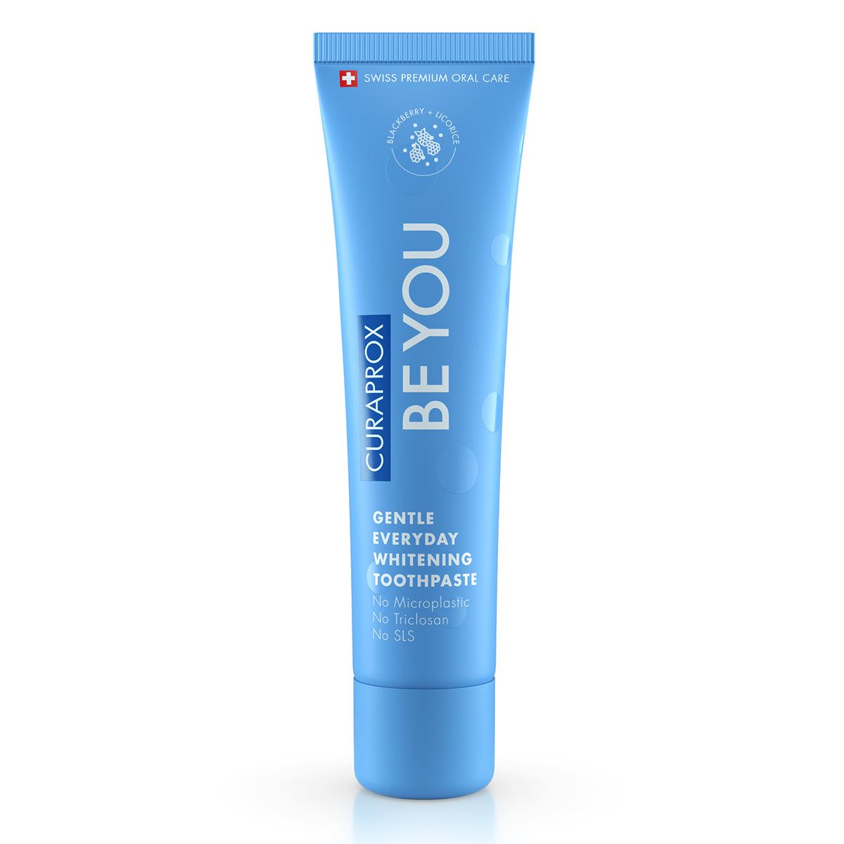 Curaprox BE YOU tandpasta bramen/drop blauwe tube rechtop tegen witte achtergrond