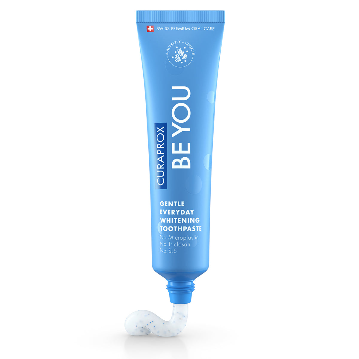 Curaprox BE YOU tandpasta bramen/drop met blauwe gel uit tube geknepen