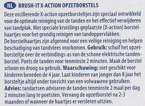 Brush it X-Action opzetborstels verpakkingstekst met gebruiksadvies en waarschuwing