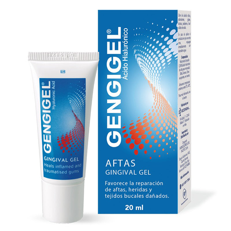Gengigel Gingival Gel tube naast verpakking met tekst Aftas en Hyaluronzuur