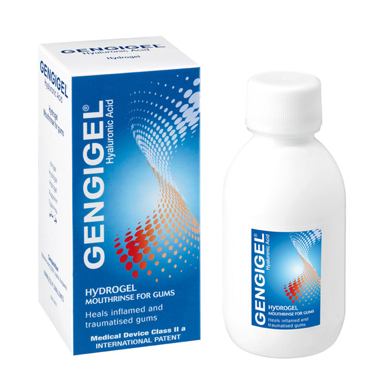 Gengigel mondspoeling hydrogel, witte fles met blauwe verpakkingsdoos