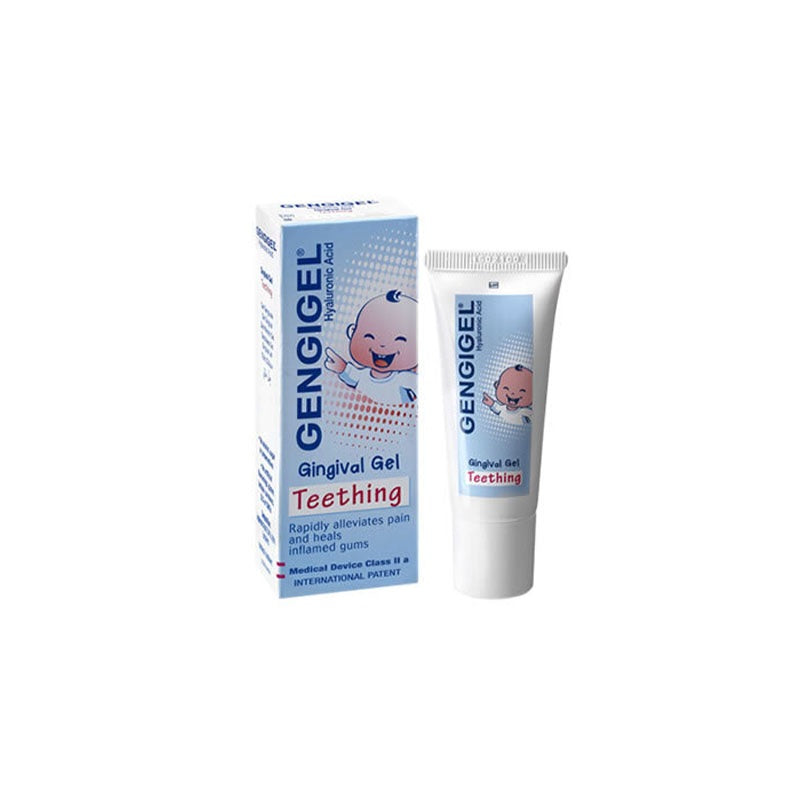 Gengigel Baby tandvleesgel tube naast verpakking met Teething opschrift