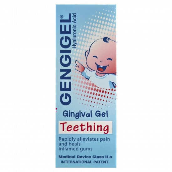 Gengigel Baby verpakking met tekst Gingival Gel Teething en lachend baby'tje