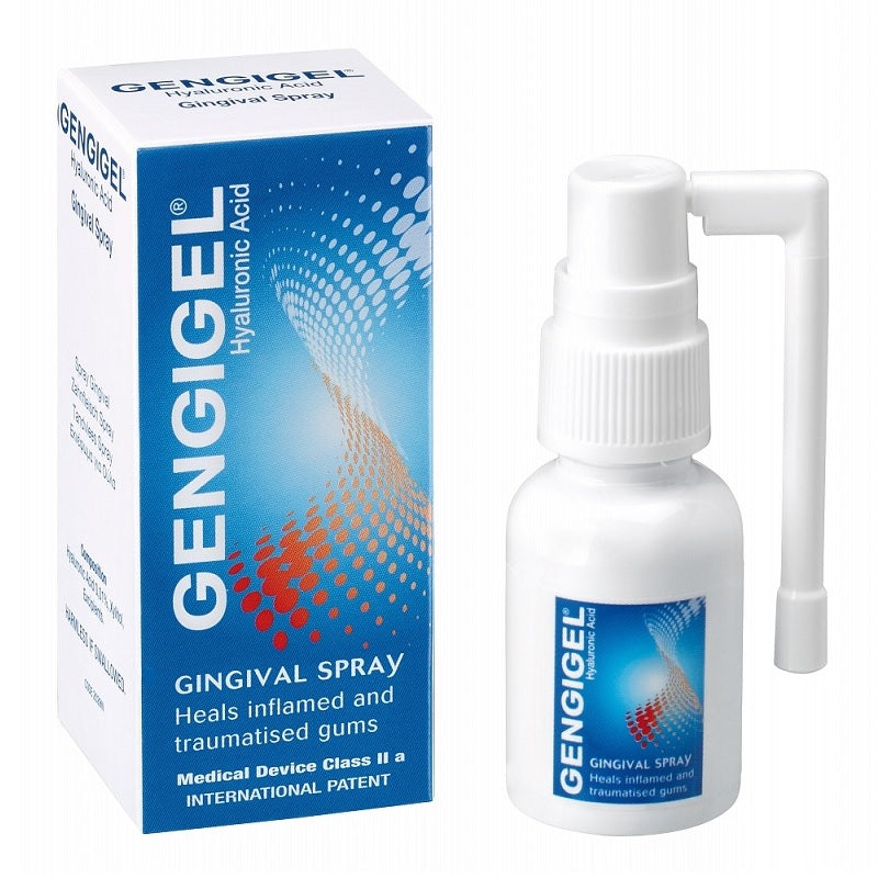 Gengigel Gingival Spray verpakking en witte spuitfles met doseerkop