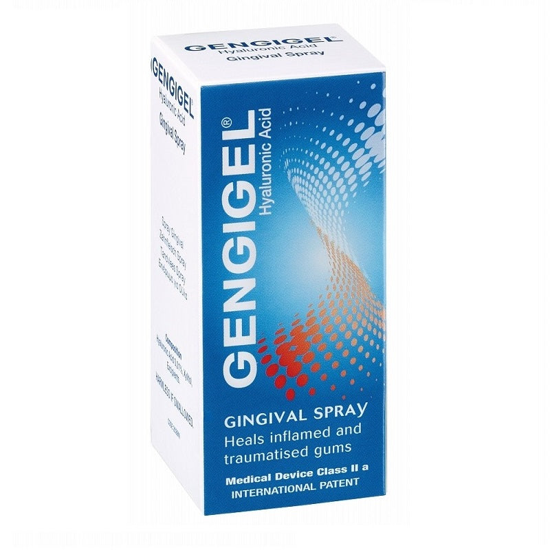 Gengigel spray verpakking met tekst Heals inflamed and traumatised gums