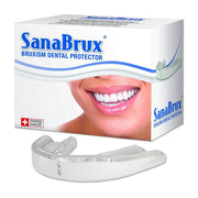 SanaBrux knarsbitje met verpakking en doorzichtige mondbeschermer ernaast