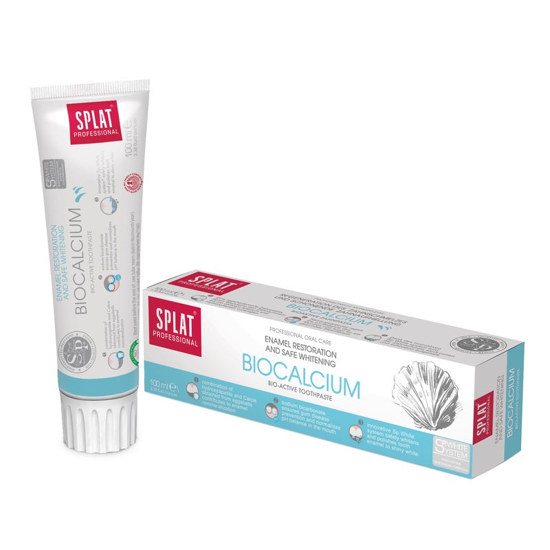 Splat Professional BioCalcium tandpasta tube en verpakkingsdoosje naast elkaar