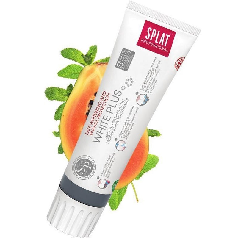 Splat Professional White Plus tandpasta tube met papaja en munt op achtergrond