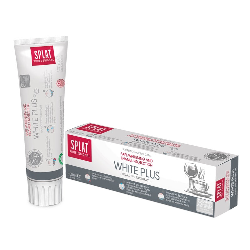 Splat Professional White Plus tandpasta tube en verpakkingsdoosje naast elkaar