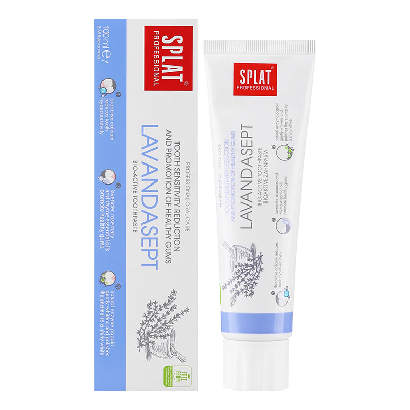 Splat tandpasta Professional Lavendersept doosje en tube naast elkaar