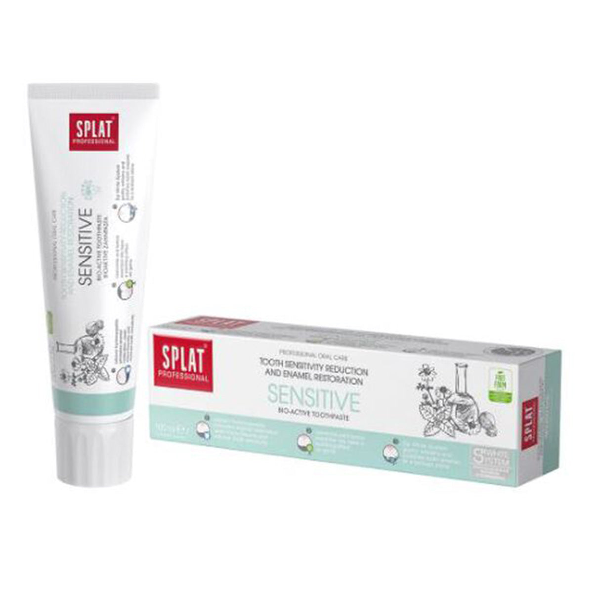 Splat Professional Sensitive tube en verpakking naast elkaar getoond