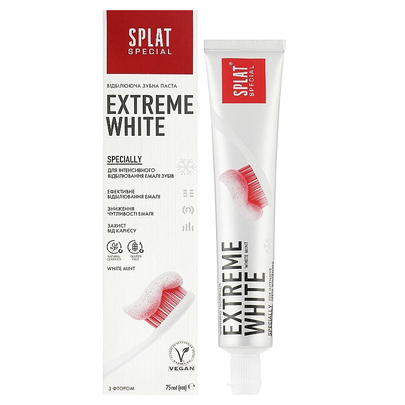 Splat tandpasta Special Extreme White verpakking en tube met witte tandenborstel