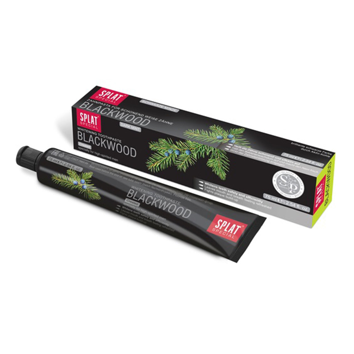 Splat Tandpasta Special Blackwood zwarte tube naast verpakking met dennentakken