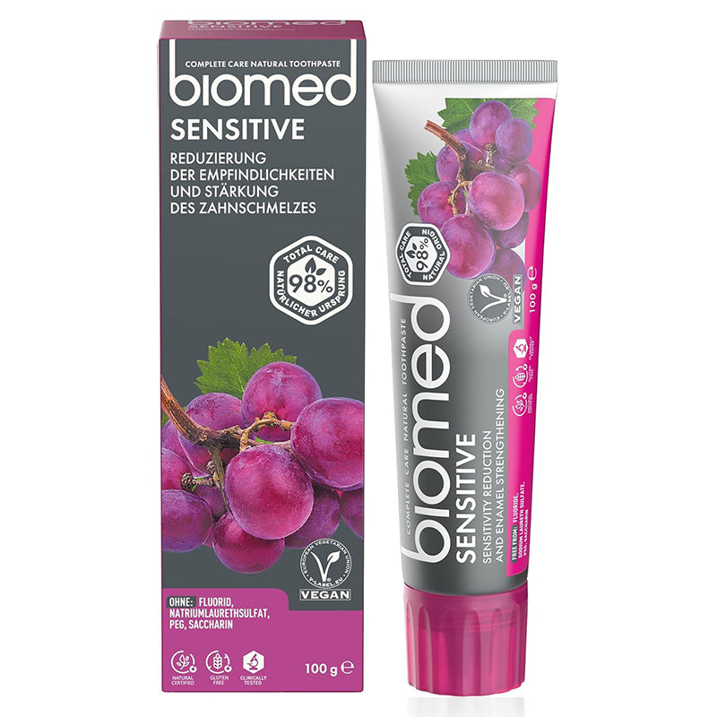 Biomed Sensitive tandpasta verpakking en tube met druiven afbeelding, 100 g